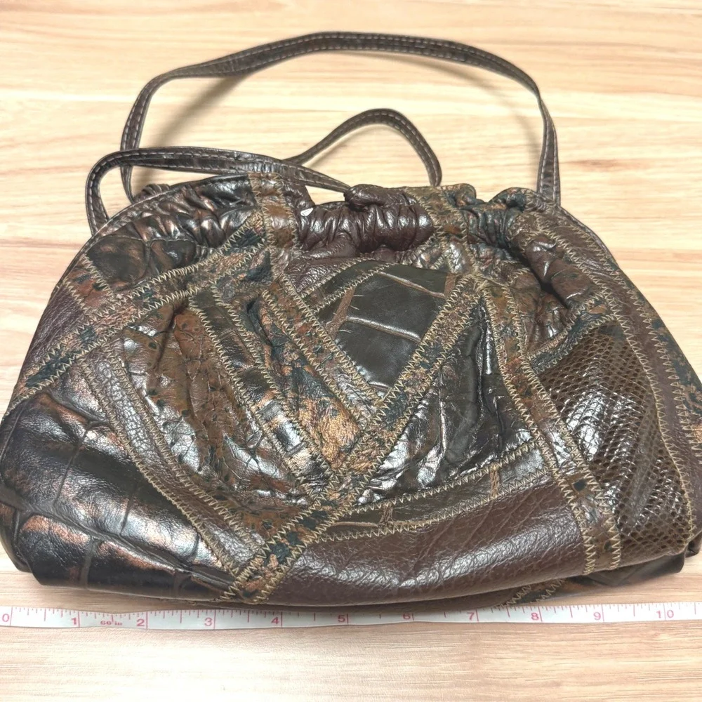 Vintage Brown Patchwork Leather Exotic Embossed Frame Shoulder Bag Bronze 11x7
